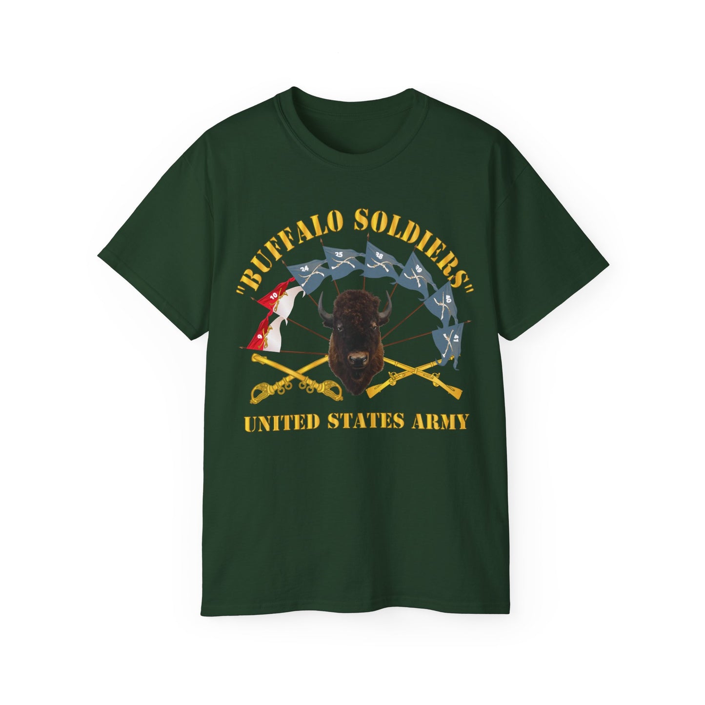 Unisex Ultra Cotton Tee - Buffalo Soldiers - Infantry - Cavalry Guidons w Buffalo Head - US Army X 300