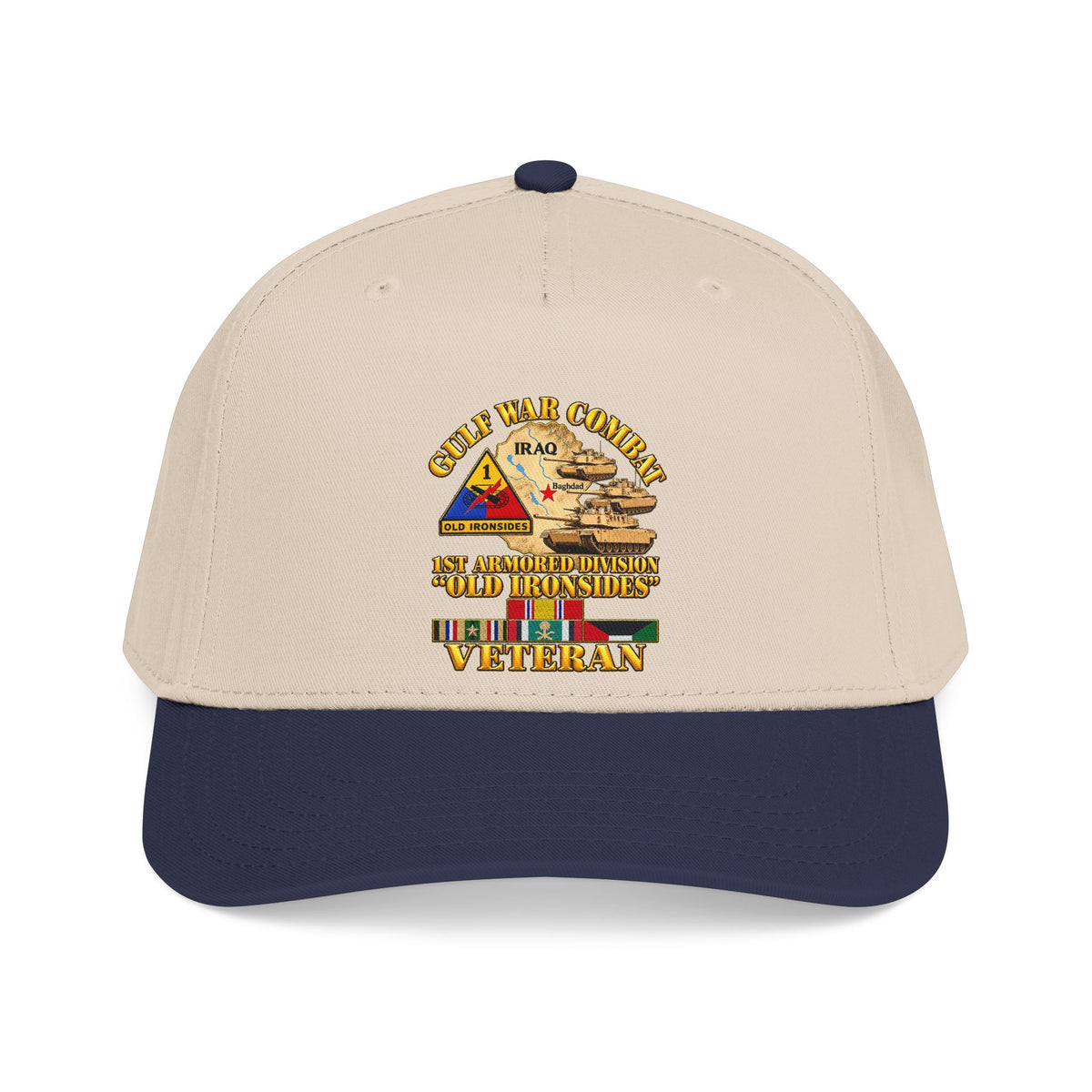 Mid Profile Baseball Cap - Army - Gulf War Combat - 1st Armored Divi - Old Ironsides - Veteran - Map w GULF SVC - 3D - Enhanced