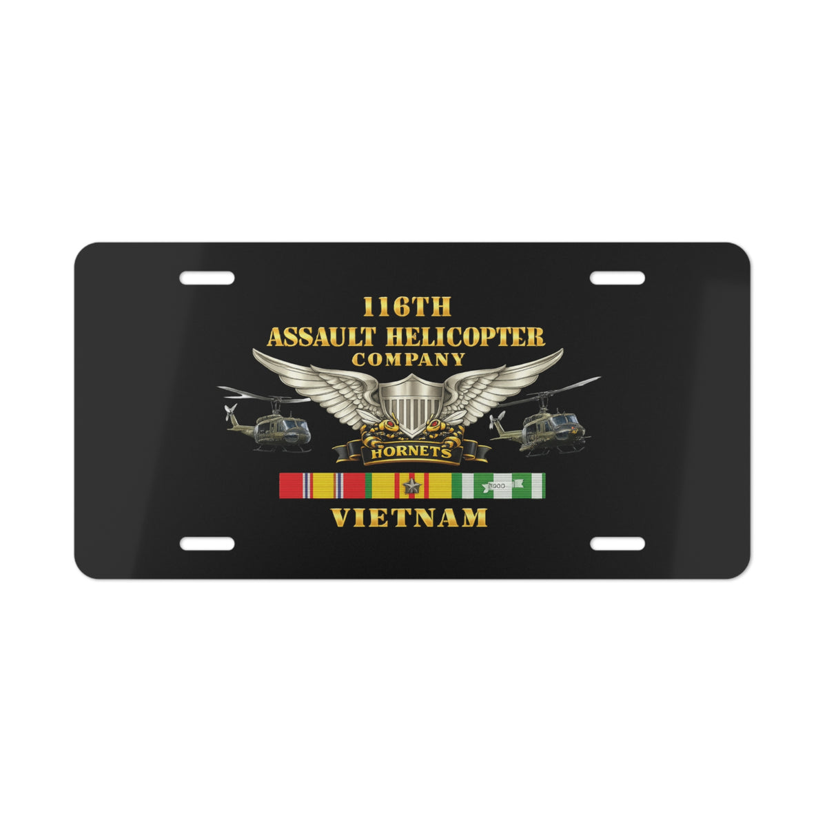 Vanity License Plate - Army - 116th Assault Helicopter Co w  Aviator Badge w VN SVC - HORNETS - Side X Side - 3D - Enhanced