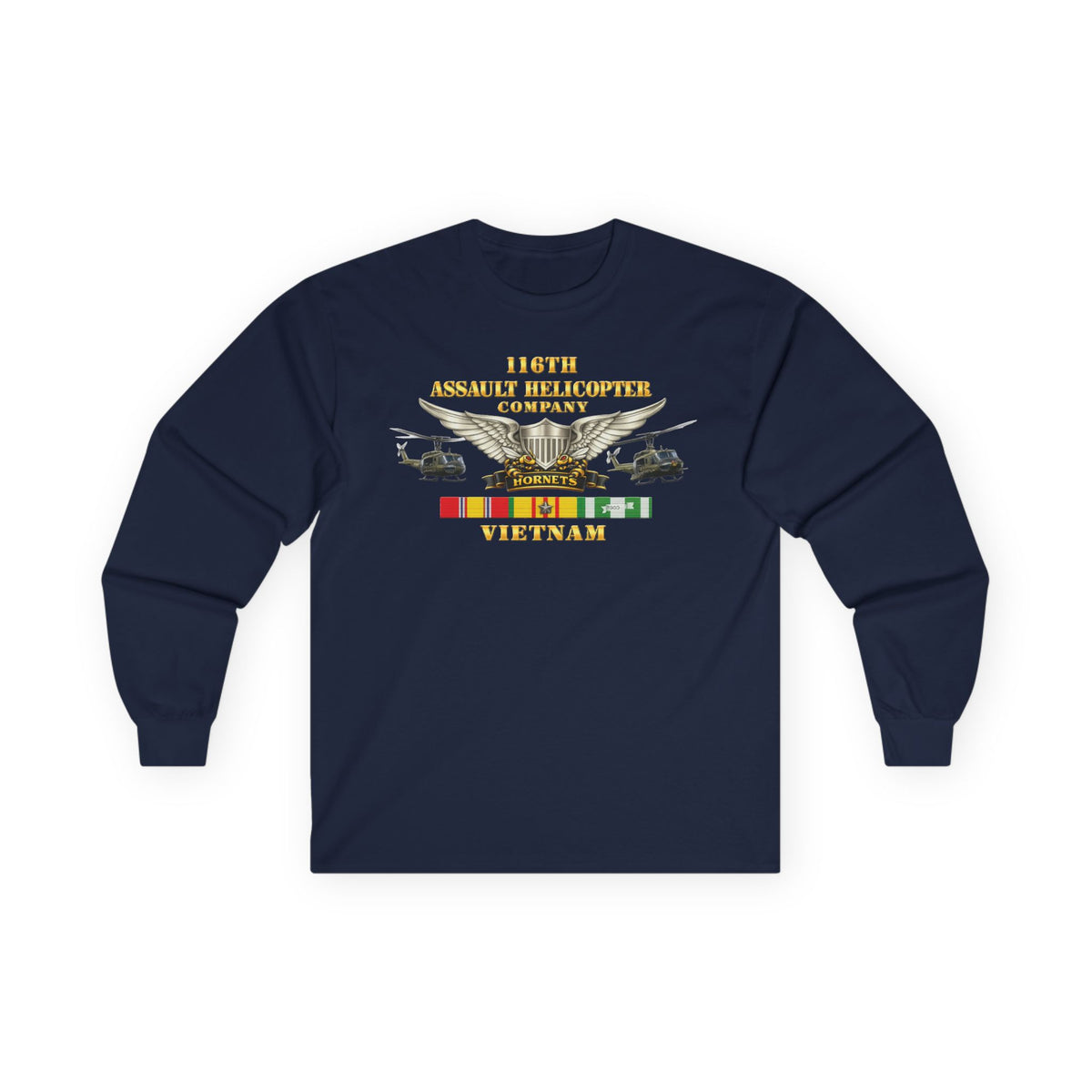 Unisex Ultra Cotton Long Sleeve Tee - Army - 116th Assault Helicopter Co w  Aviator Badge w VN SVC - HORNETS - Side X Side - 3D - Enhanced