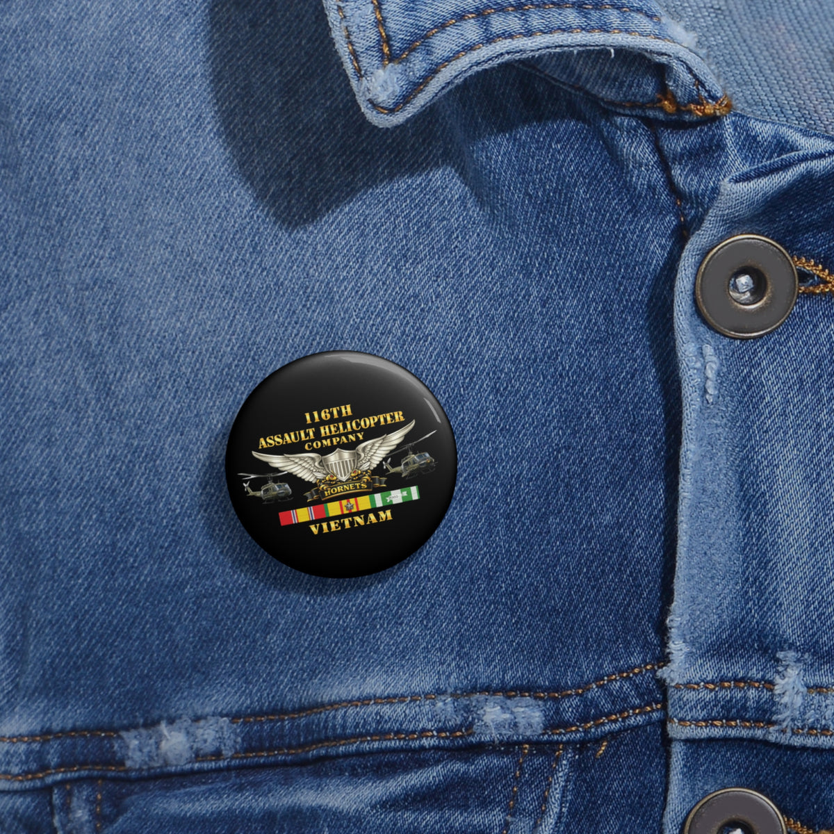 Custom Pin Buttons - Army - 116th Assault Helicopter Co w  Aviator Badge w VN SVC - HORNETS - Side X Side - 3D - Enhanced