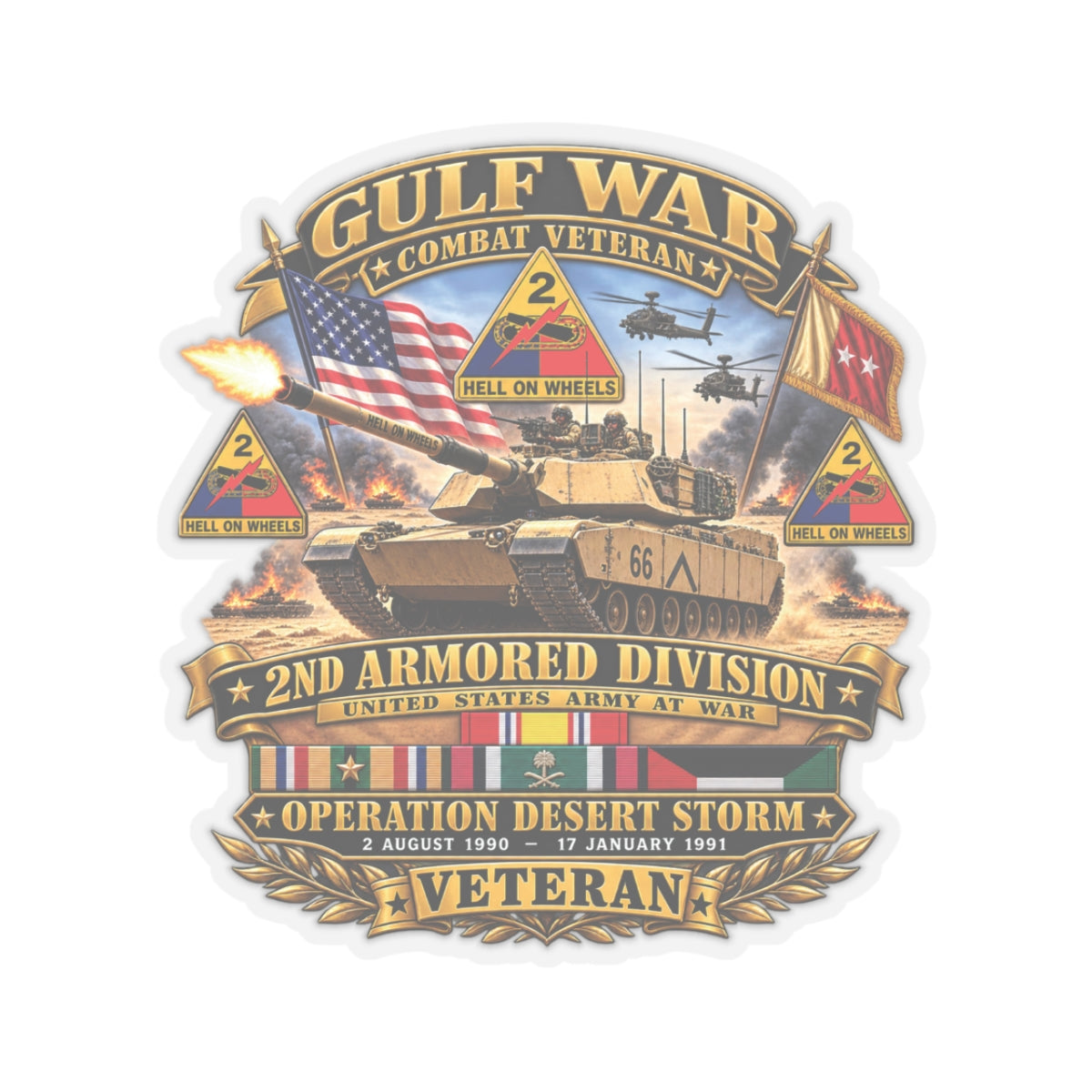 Kiss-Cut Stickers - Army - Desert Storm - 2nd Armored Div - Combat Vereran Veteran w GULF SVC - 3D - Enhanced