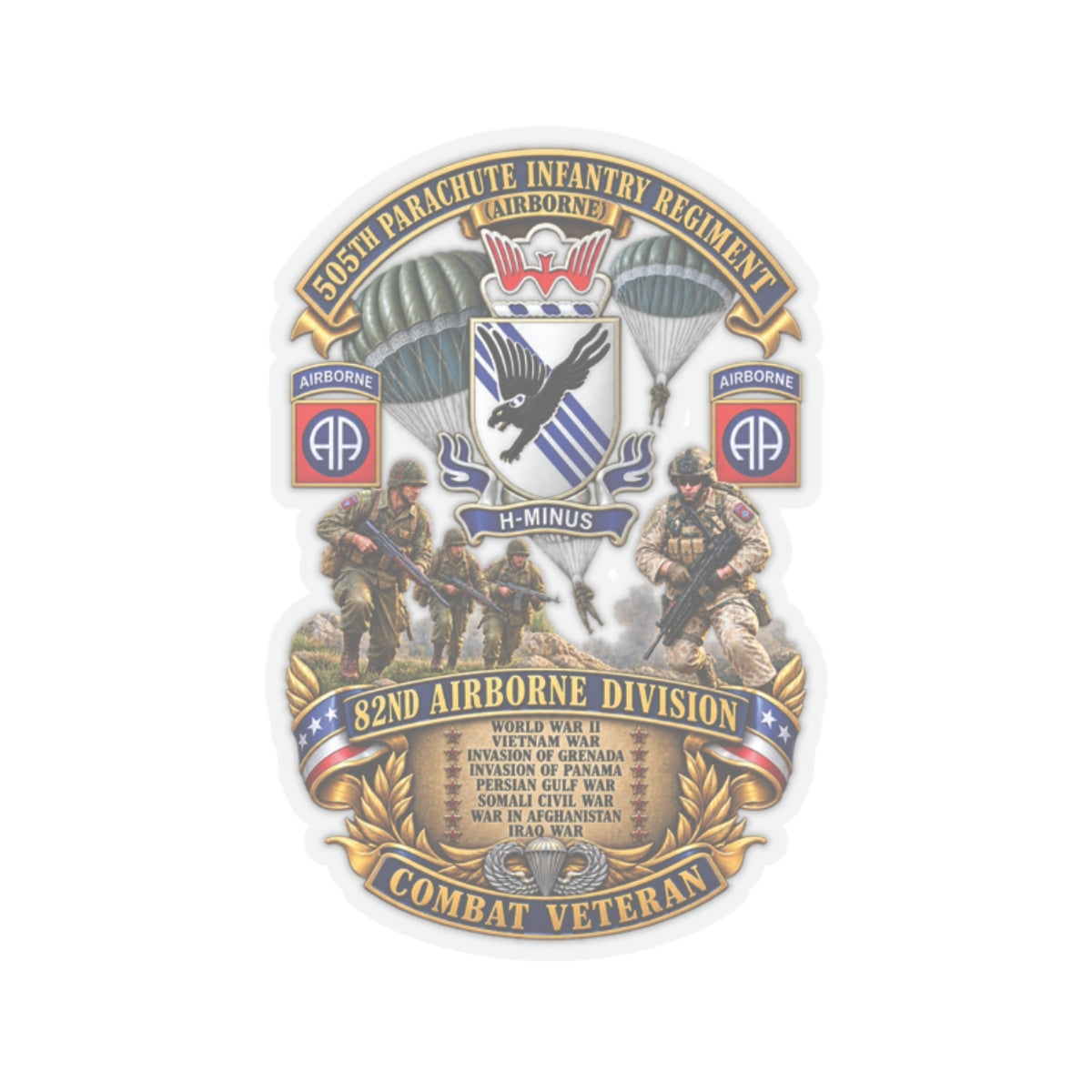 Kiss-Cut Stickers - Army - Combat Vet w 505th PIR - 82nd Airborne  w Campaigns - Soldiers - SSI - 3D - Enhanced