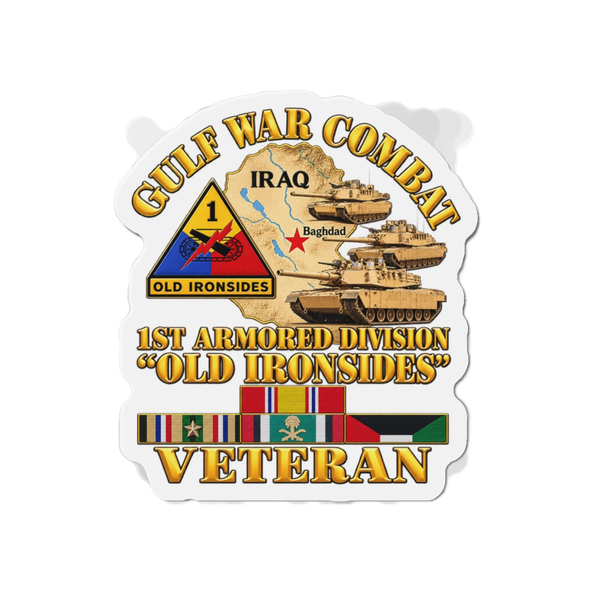 Die-Cut Magnets — Army - Gulf War Combat - 1st Armored Divi - Old Ironsides - Veteran - Map w GULF SVC - 3D - Enhanced