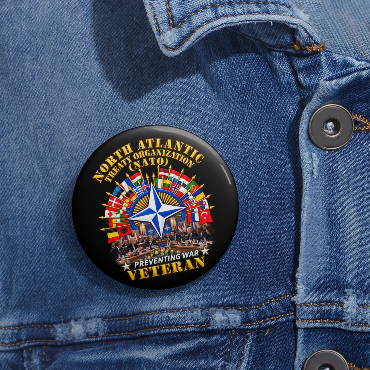 Custom Pin Buttons - NATO - Polished NATO Veteran - with flags - Meeting Scene - 3D - Transparent