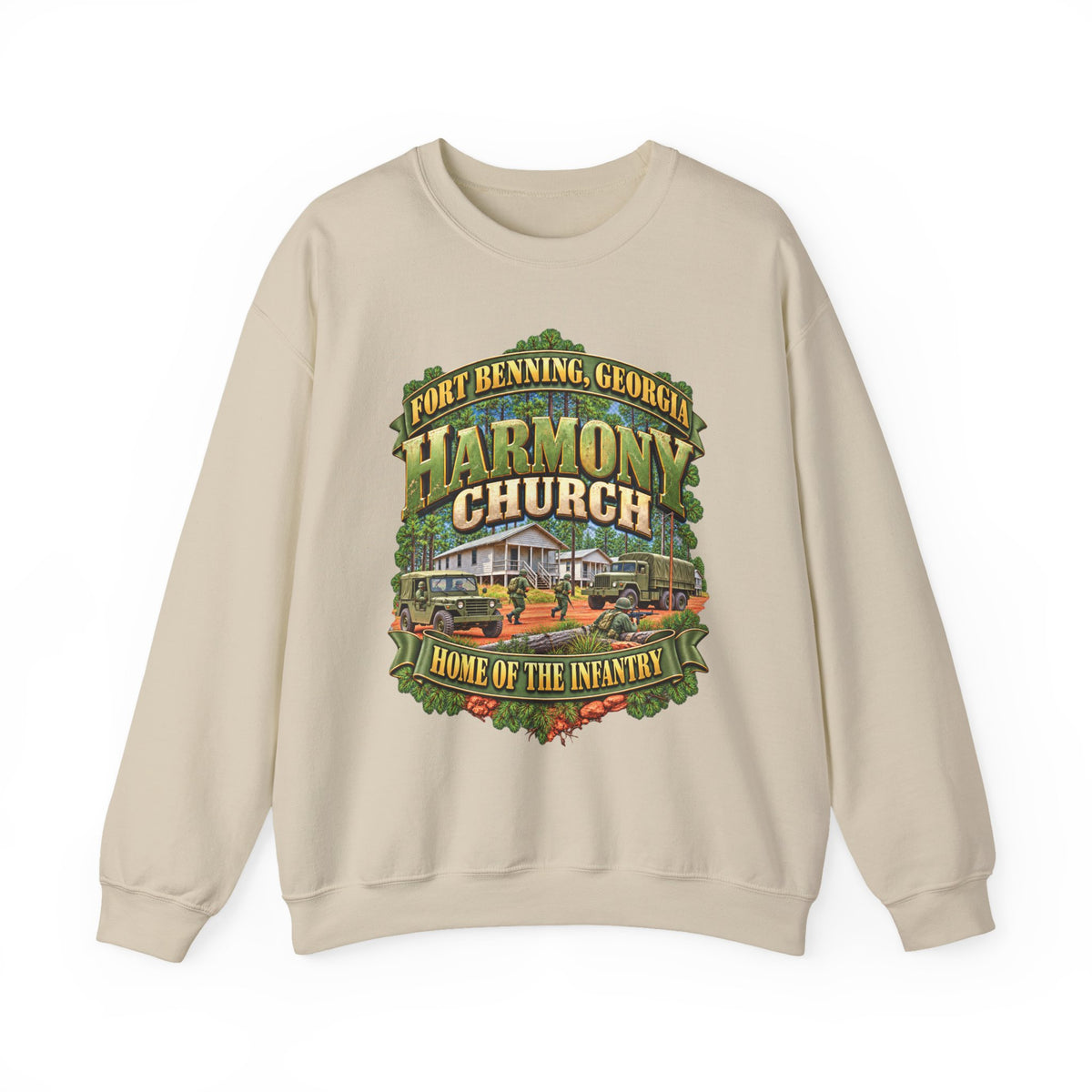 Crewneck Sweatshirt - Fort Benning, Georgia, Harmony Church - Home of the Infantry - 3D - Enhanced