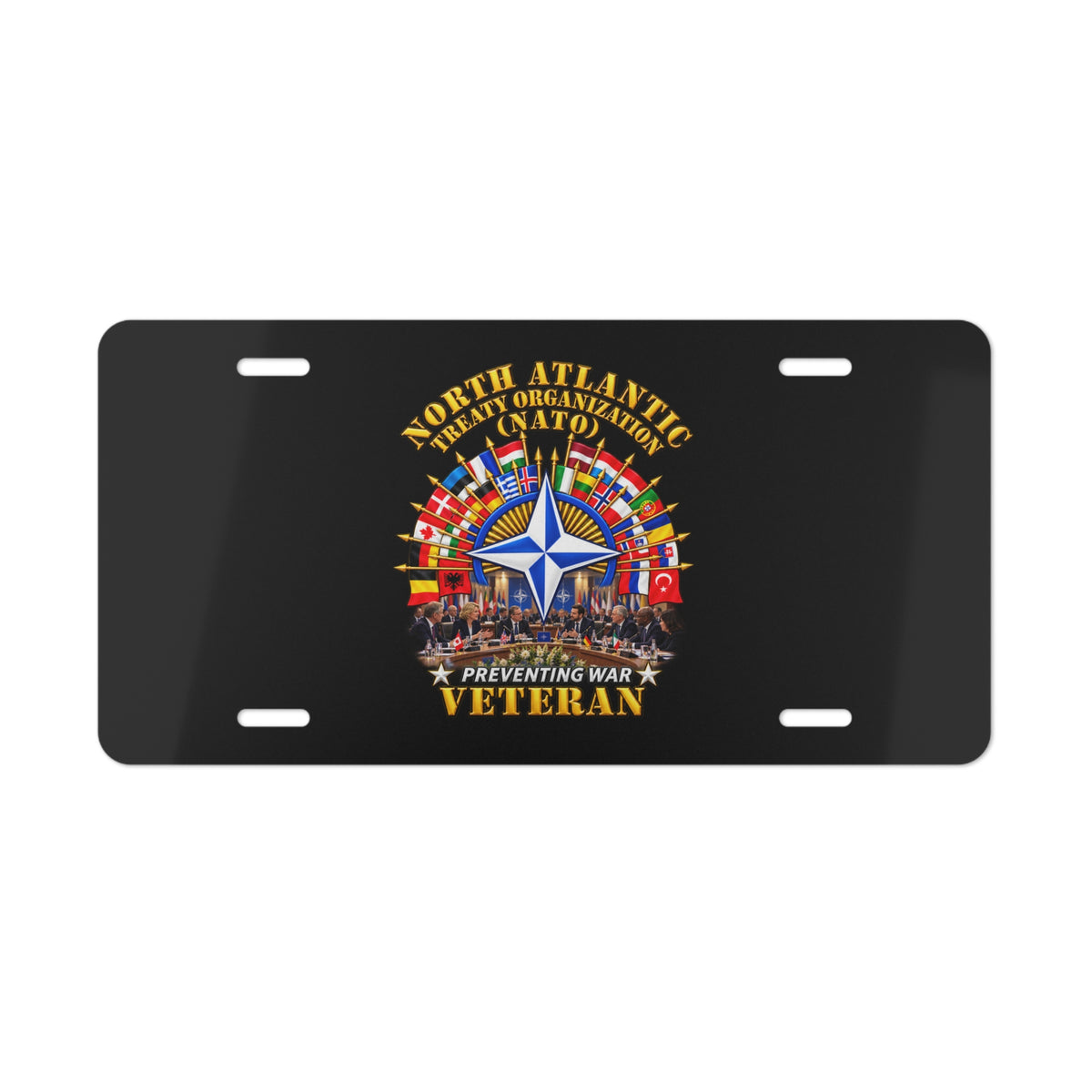Vanity License Plate - NATO - Polished NATO Veteran - with flags - Meeting Scene - 3D - Transparent