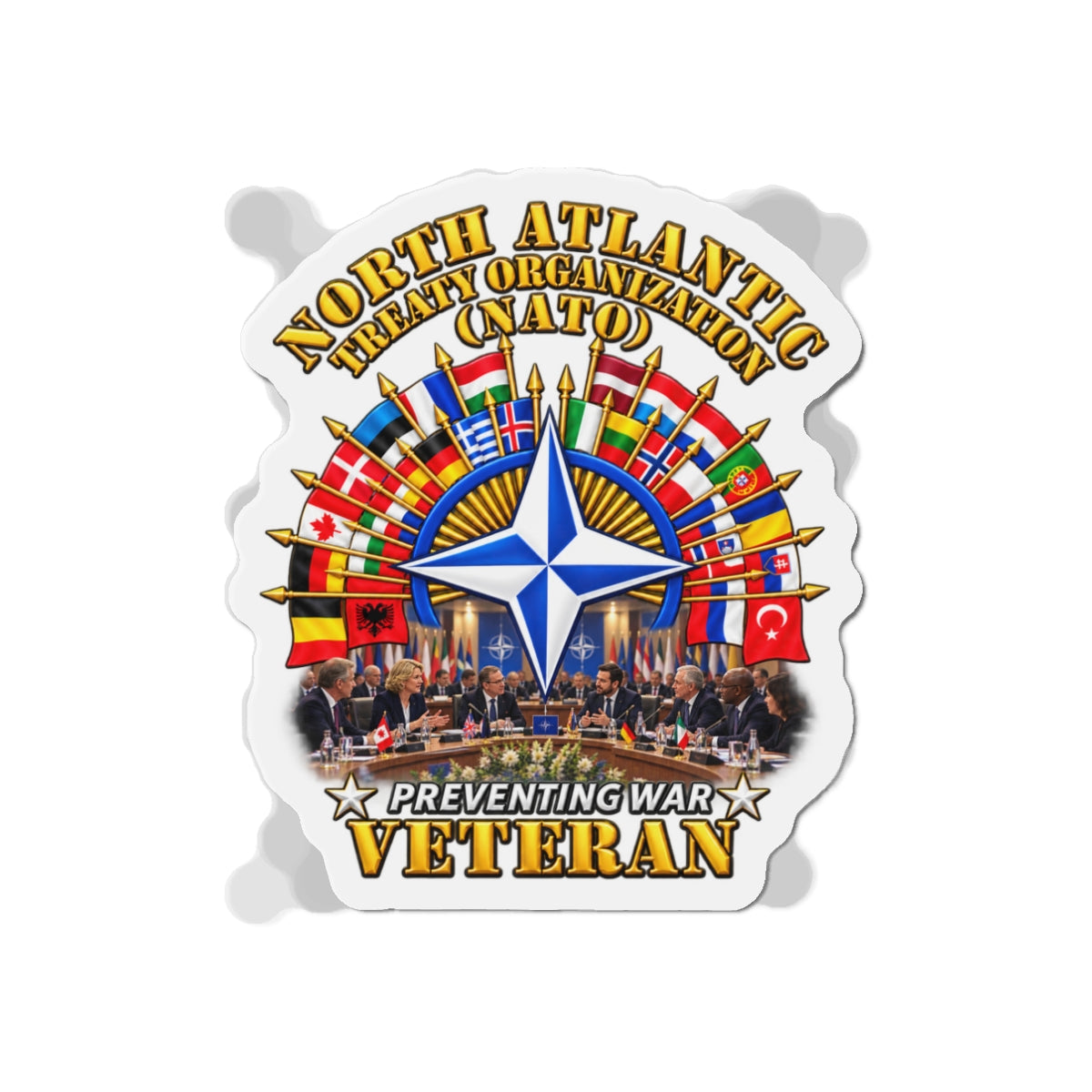 Die-Cut Magnets — NATO - Polished NATO Veteran - with flags - Meeting Scene - 3D - Transparent