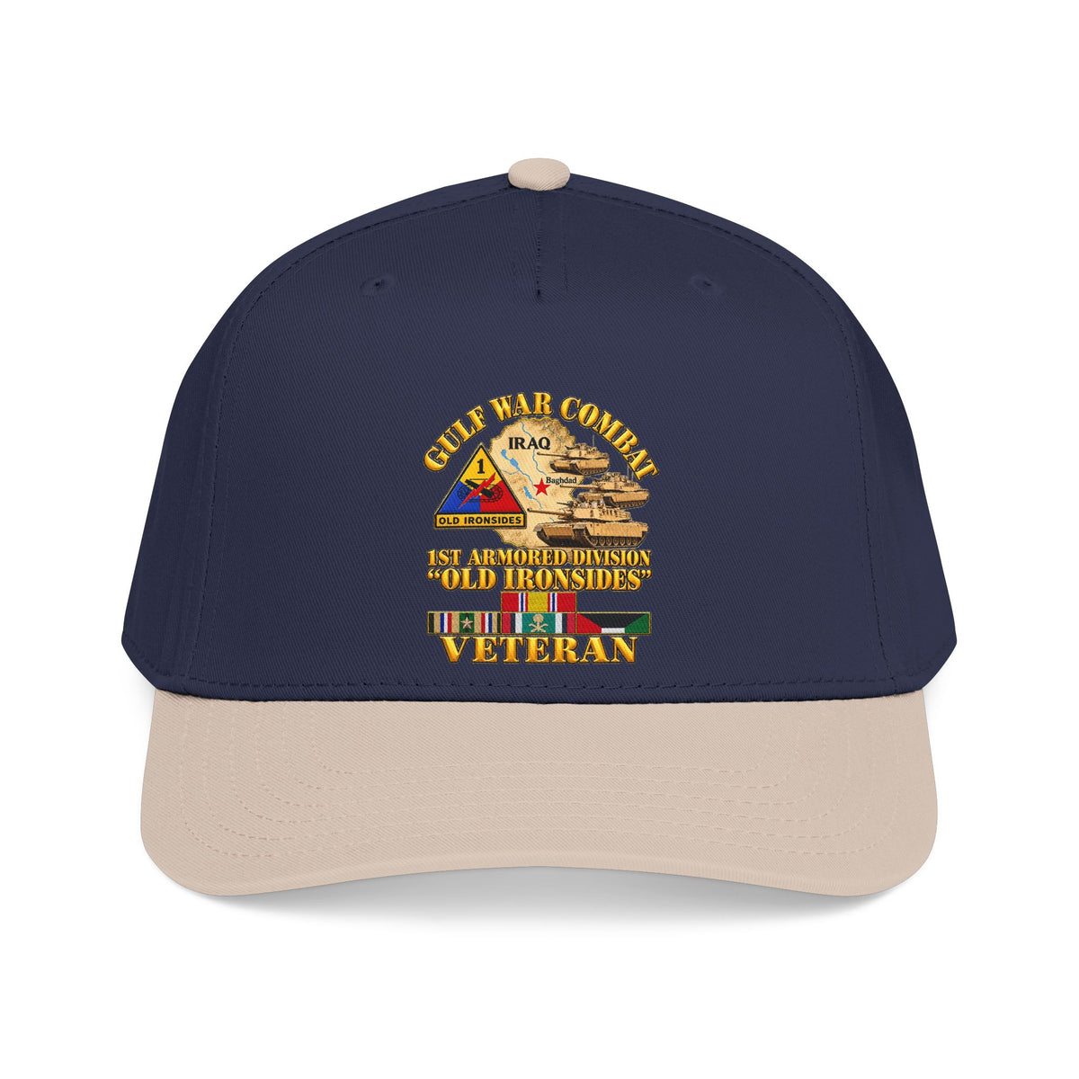 Mid Profile Baseball Cap - Army - Gulf War Combat - 1st Armored Divi - Old Ironsides - Veteran - Map w GULF SVC - 3D - Enhanced