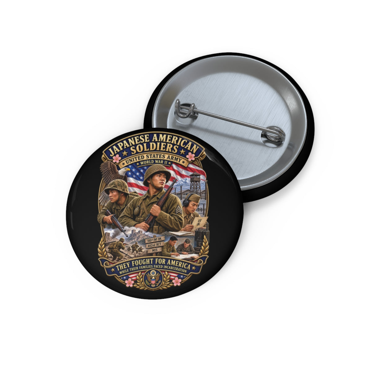 Custom Pin Buttons - Japanese American WWII Soldiers - 3D - Enhanced