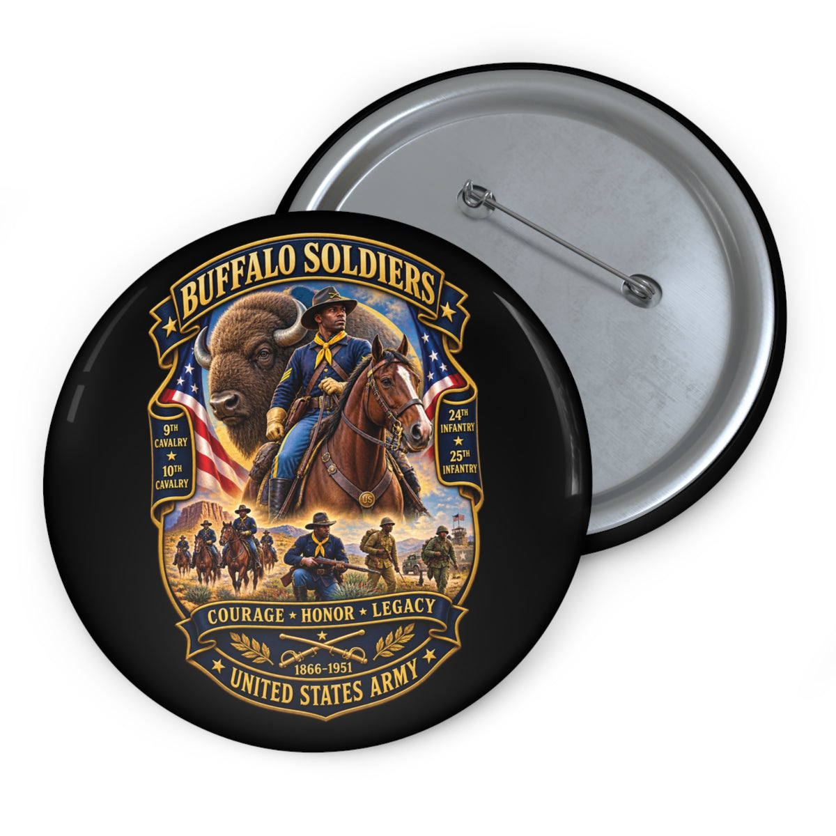 Custom Pin Buttons - Overall Buffalo Soldiers Tribute - 3D - Enhanced