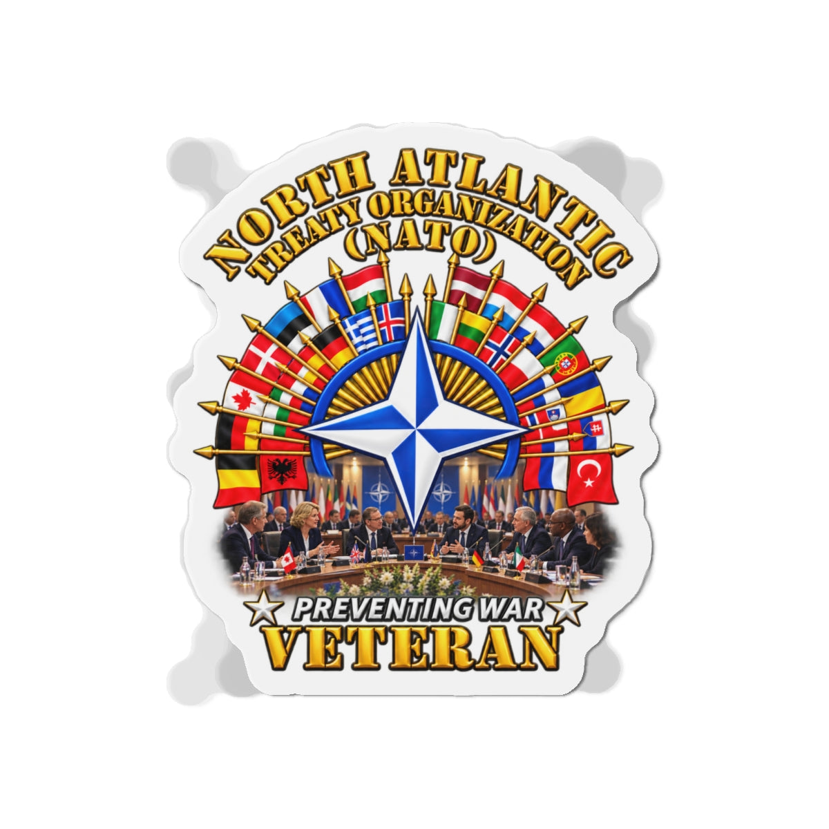 Die-Cut Magnets — NATO - Polished NATO Veteran - with flags - Meeting Scene - 3D - Transparent