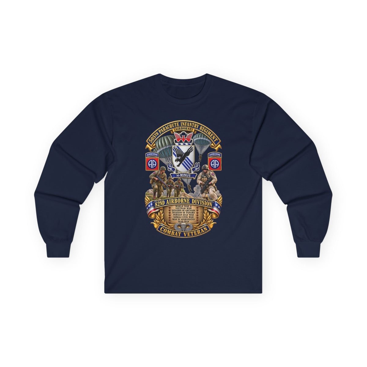 Unisex Ultra Cotton Long Sleeve Tee - Army - Combat Vet w 505th PIR - 82nd Airborne  w Campaigns - Soldiers - SSI - 3D - Enhanced